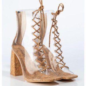 Clear Chunky Heel Peep Toe Lace Up Booties in Cork